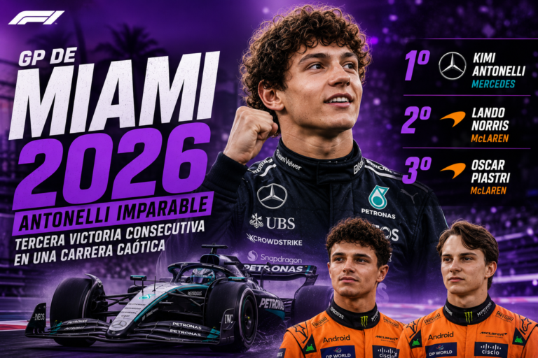 Kimi Antonelli ganó el Gran Premio de Miami 2026 y consiguió su tercera victoria consecutiva con Mercedes por delante de Lando Norris y Oscar Piastri.