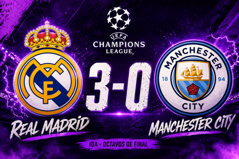 Real Madrid 3-0 Manchester City en la ida de los octavos de final de la Champions League 2026, con Fede Valverde como gran protagonista tras marcar los tres goles de la victoria madridista.