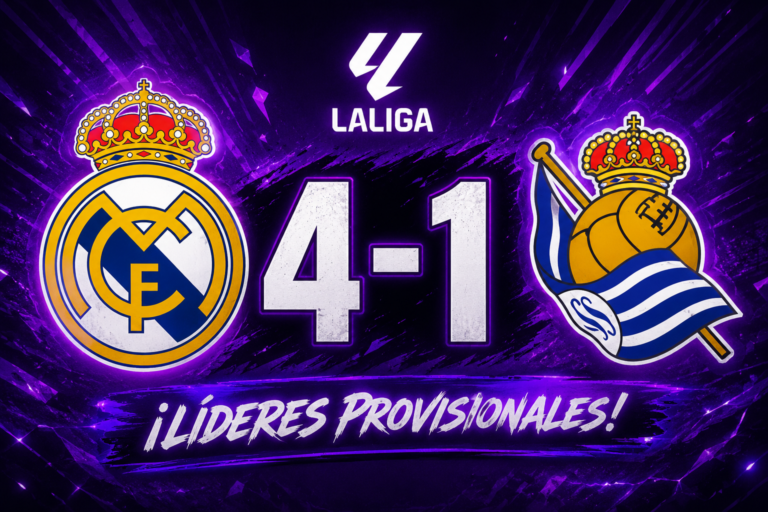 El Real Madrid goleó 4-1 a la Real Sociedad en el Santiago Bernabéu gracias a un doblete de Vinicius Jr. y una actuación colectiva dominante que permitió al equipo de Álvaro Arbeloa alcanzar provisionalmente el liderato de LaLiga.